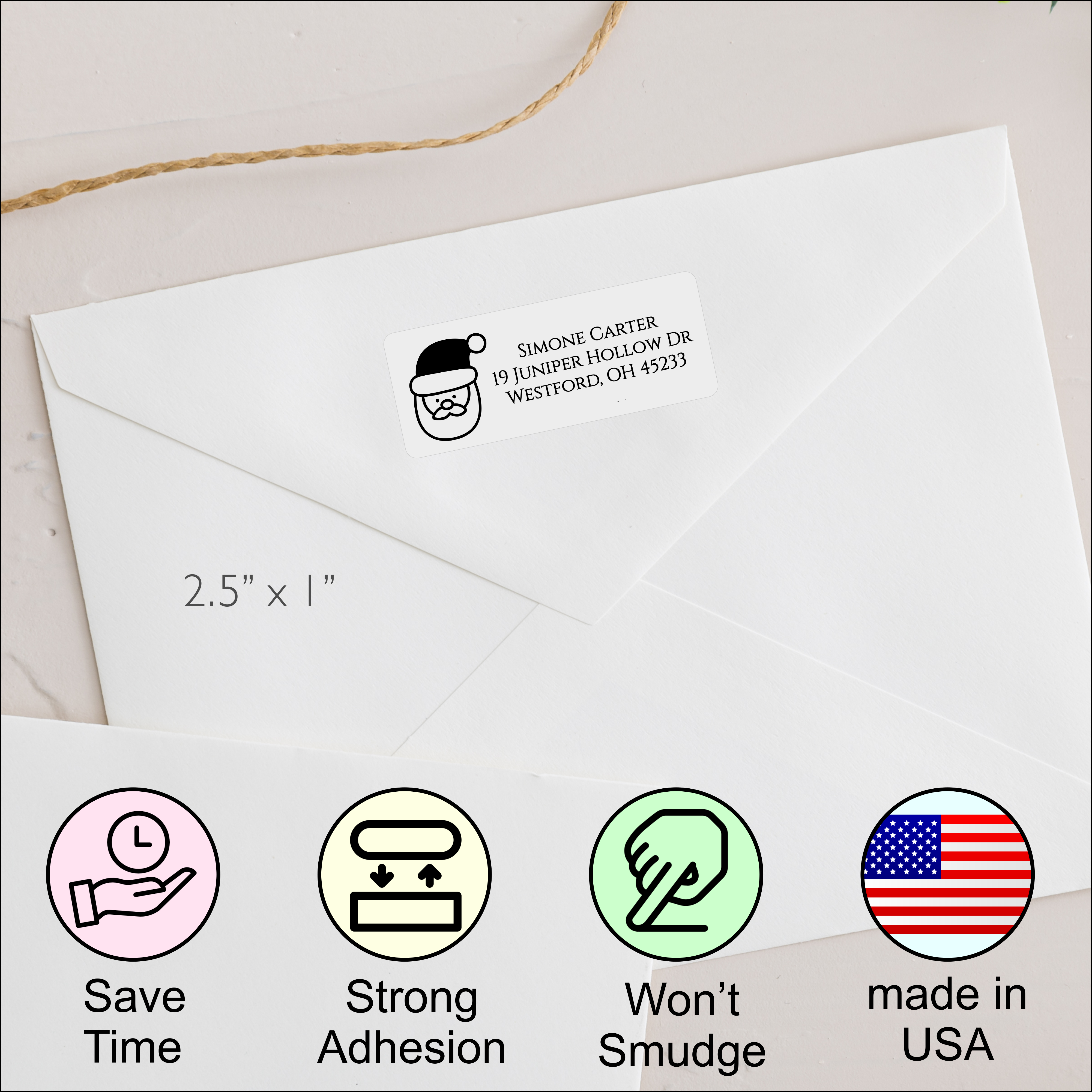 Santa Claus Christmas label on top of a white envelope Santa Claus Christmas label on top of a white envelope