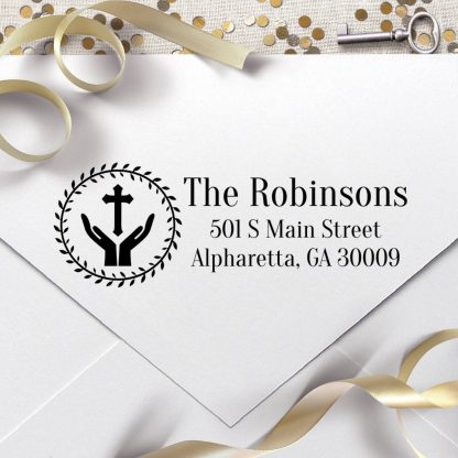 Relgious Cross And Hands Custom Personalized Self Inking Return Address Stamp Great Wedding Housewarming Teacher Or B01fceftcw 2