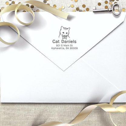 Cat Address Stamp Custom Personalized Self Inking Return Address Rubber Stamper Black Ink Kitty Kitten With Bow Tie B072lvvz65 2